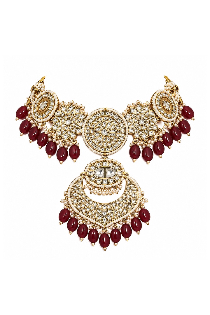 Gold Plated Kundan Polki & Deep Red Beaded Choker Necklace Set by Vivinia By Vidhi Mehra at Pernia's Pop Up Shop