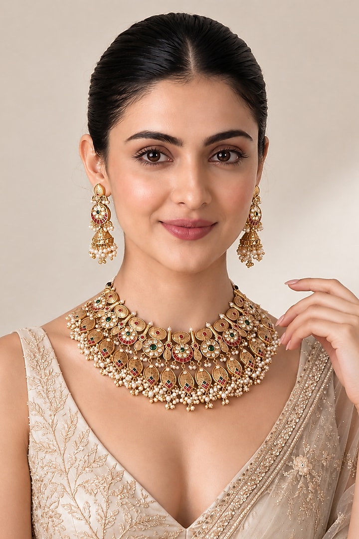 Gold Plated Kundan Polki & Pearl Statement Necklace Set by Vivinia By Vidhi Mehra at Pernia's Pop Up Shop