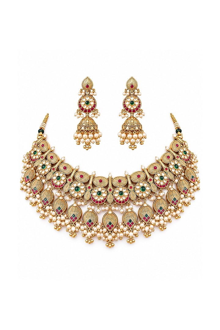 Gold Plated Kundan Polki & Pearl Statement Necklace Set by Vivinia By Vidhi Mehra at Pernia's Pop Up Shop
