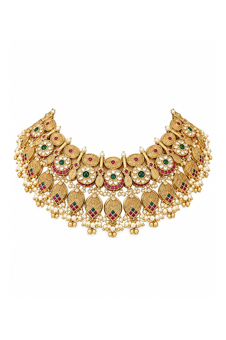 Gold Plated Kundan Polki & Pearl Statement Necklace Set by Vivinia By Vidhi Mehra at Pernia's Pop Up Shop