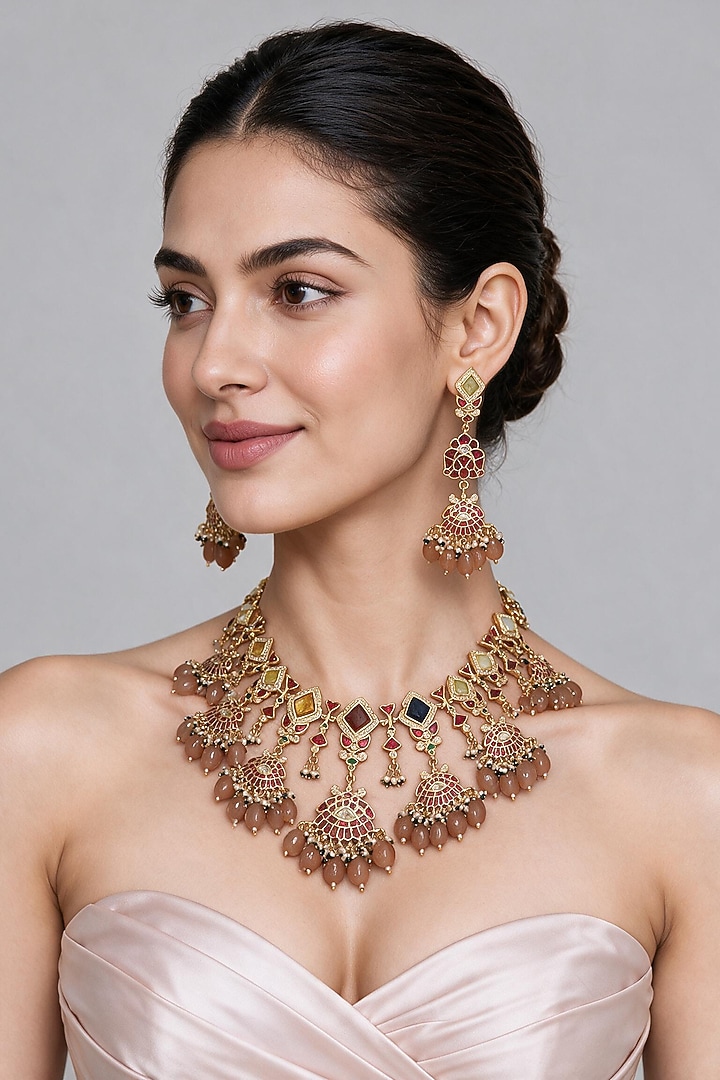 Gold Plated Kundan Polki & Blush Beaded Statement Necklace Set by Vivinia By Vidhi Mehra at Pernia's Pop Up Shop