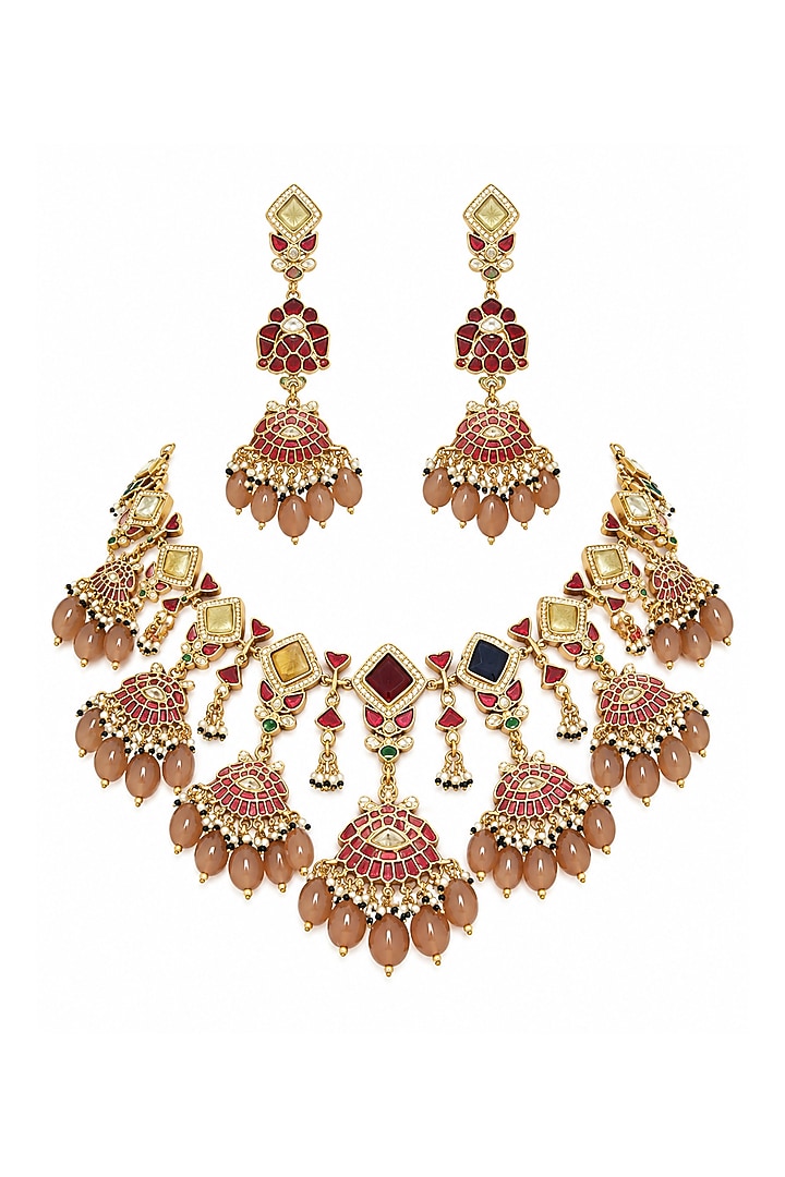 Gold Plated Kundan Polki & Blush Beaded Statement Necklace Set by Vivinia By Vidhi Mehra at Pernia's Pop Up Shop