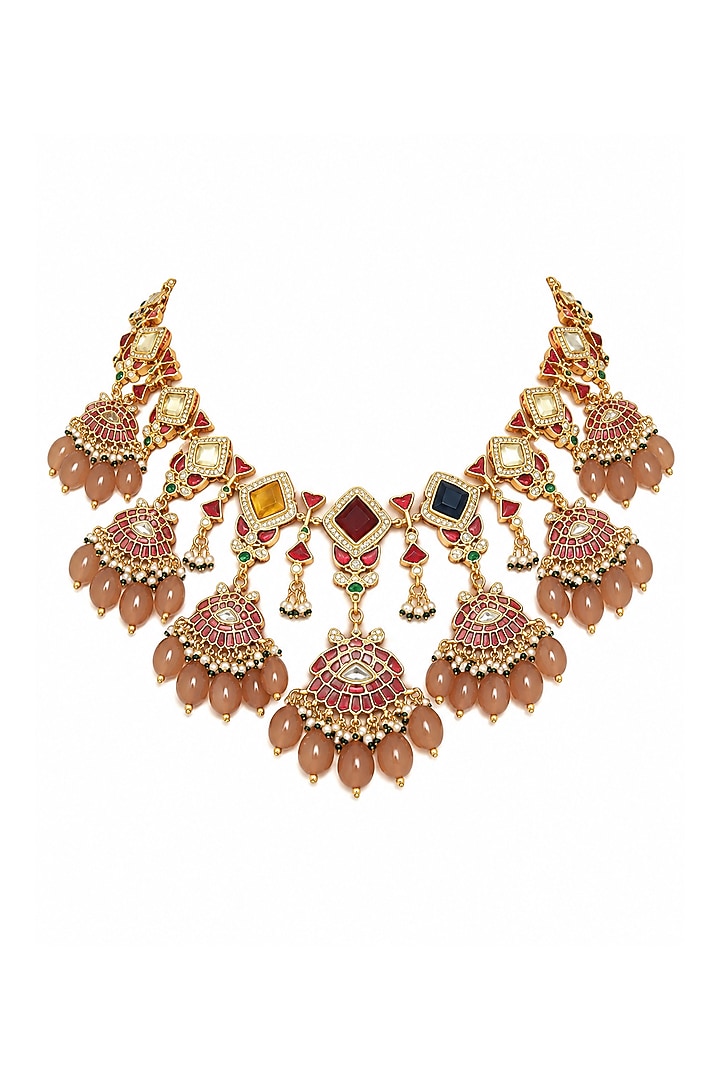 Gold Plated Kundan Polki & Blush Beaded Statement Necklace Set by Vivinia By Vidhi Mehra at Pernia's Pop Up Shop