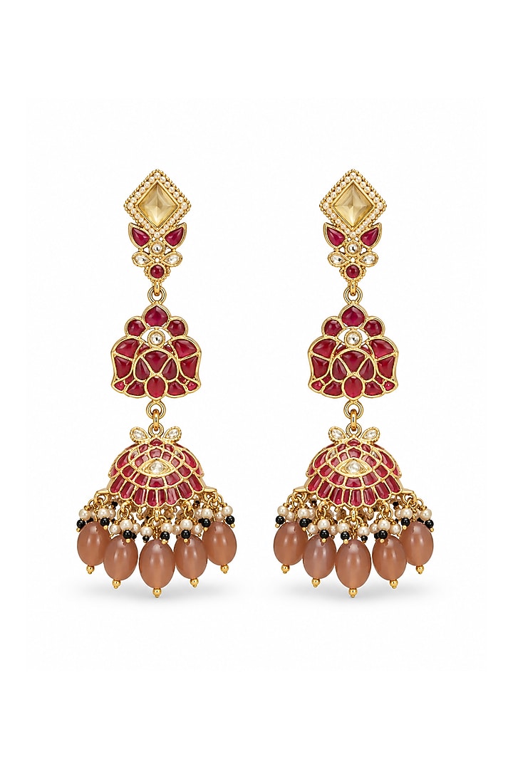 Gold Plated Kundan Polki & Blush Beaded Statement Necklace Set by Vivinia By Vidhi Mehra at Pernia's Pop Up Shop