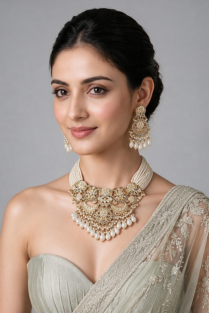 Gold Plated Kundan Polki & Pearl Necklace Set by Vivinia By Vidhi Mehra at Pernia's Pop Up Shop