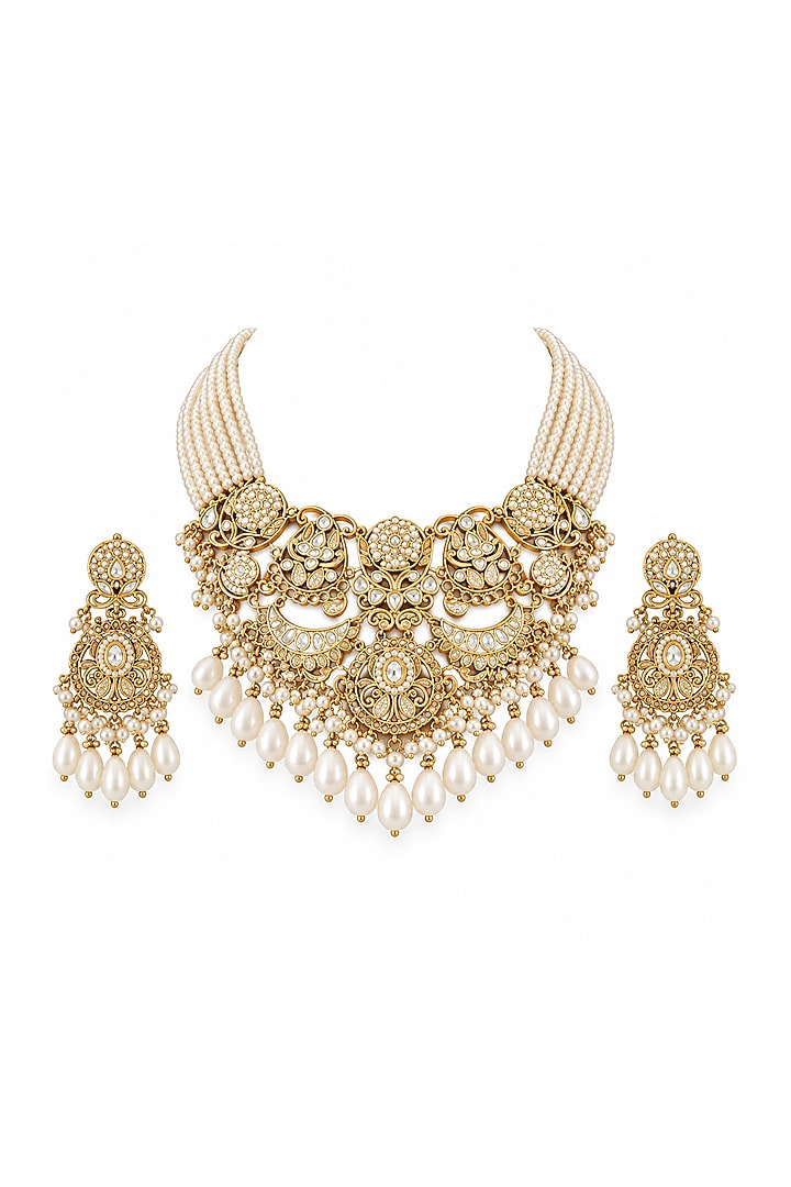 Gold Plated Kundan Polki & Pearl Necklace Set by Vivinia By Vidhi Mehra at Pernia's Pop Up Shop
