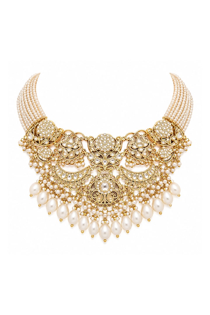 Gold Plated Kundan Polki & Pearl Necklace Set by Vivinia By Vidhi Mehra at Pernia's Pop Up Shop