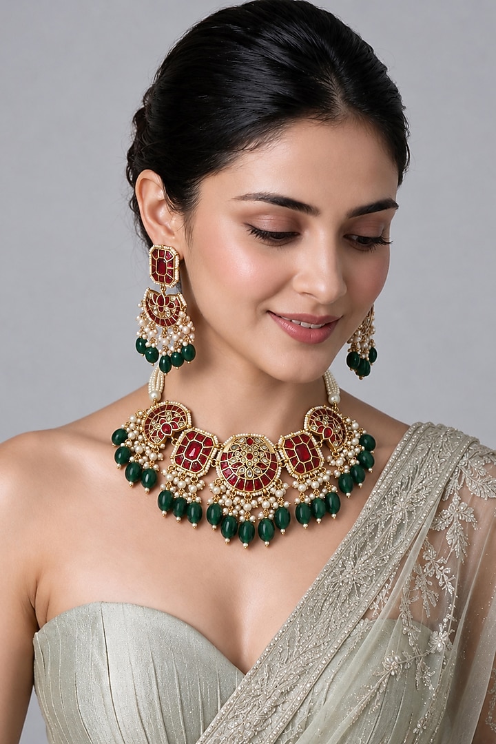 Gold Plated Kundan Polki & Multi-Colored Stone Statement Necklace Set by Vivinia By Vidhi Mehra at Pernia's Pop Up Shop