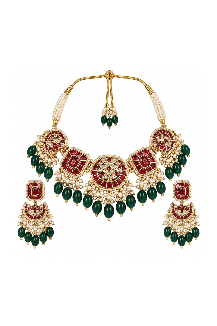 Gold Plated Kundan Polki & Multi-Colored Stone Statement Necklace Set by Vivinia By Vidhi Mehra at Pernia's Pop Up Shop