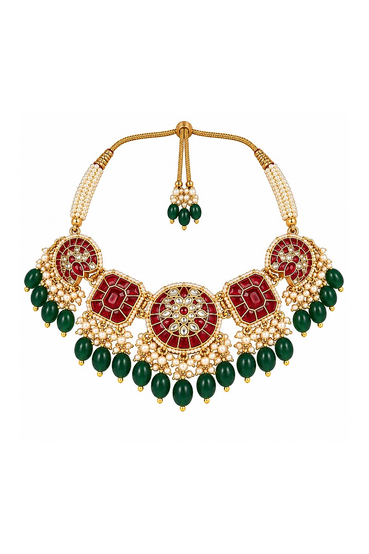 Gold Plated Kundan Polki & Multi-Colored Stone Statement Necklace Set by Vivinia By Vidhi Mehra at Pernia's Pop Up Shop