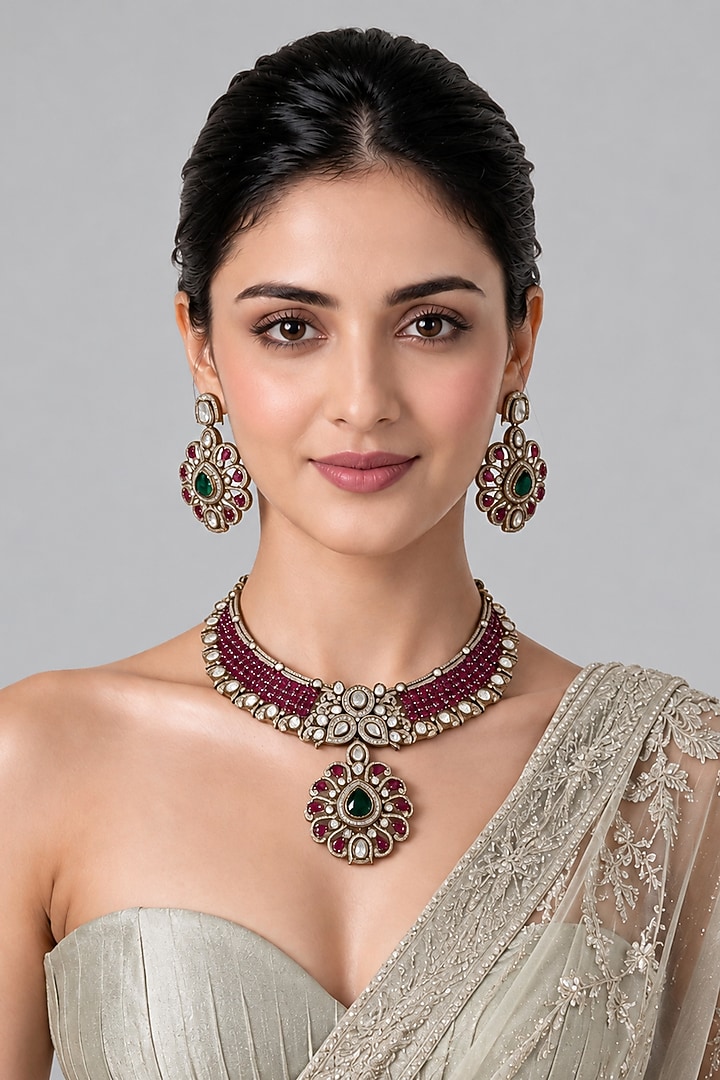 Gold Plated Kundan Polki & Ruby Beaded Pendant Necklace Set by Vivinia By Vidhi Mehra at Pernia's Pop Up Shop