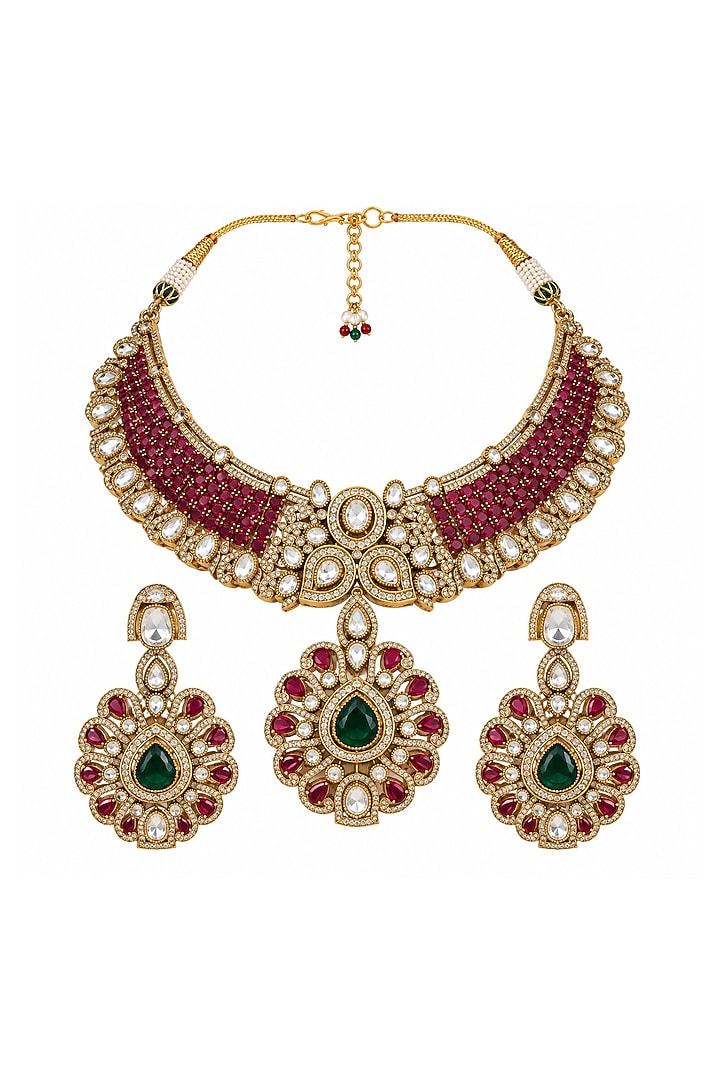 Gold Plated Kundan Polki & Ruby Beaded Pendant Necklace Set by Vivinia By Vidhi Mehra at Pernia's Pop Up Shop