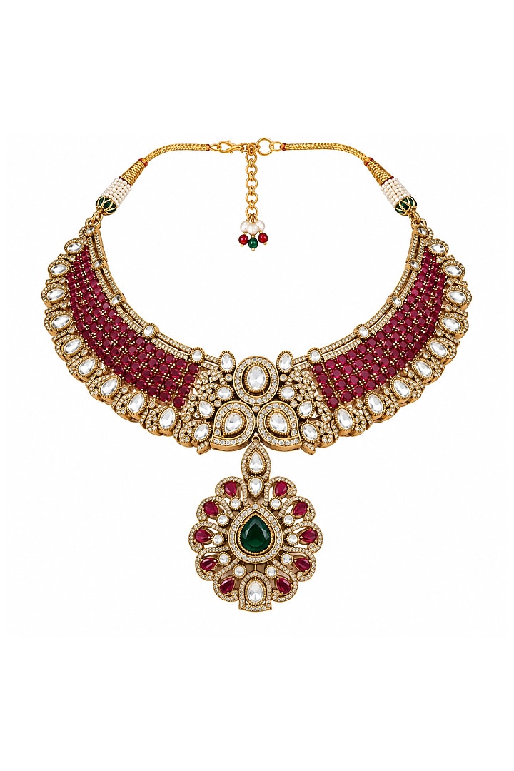 Gold Plated Kundan Polki & Ruby Beaded Pendant Necklace Set by Vivinia By Vidhi Mehra at Pernia's Pop Up Shop