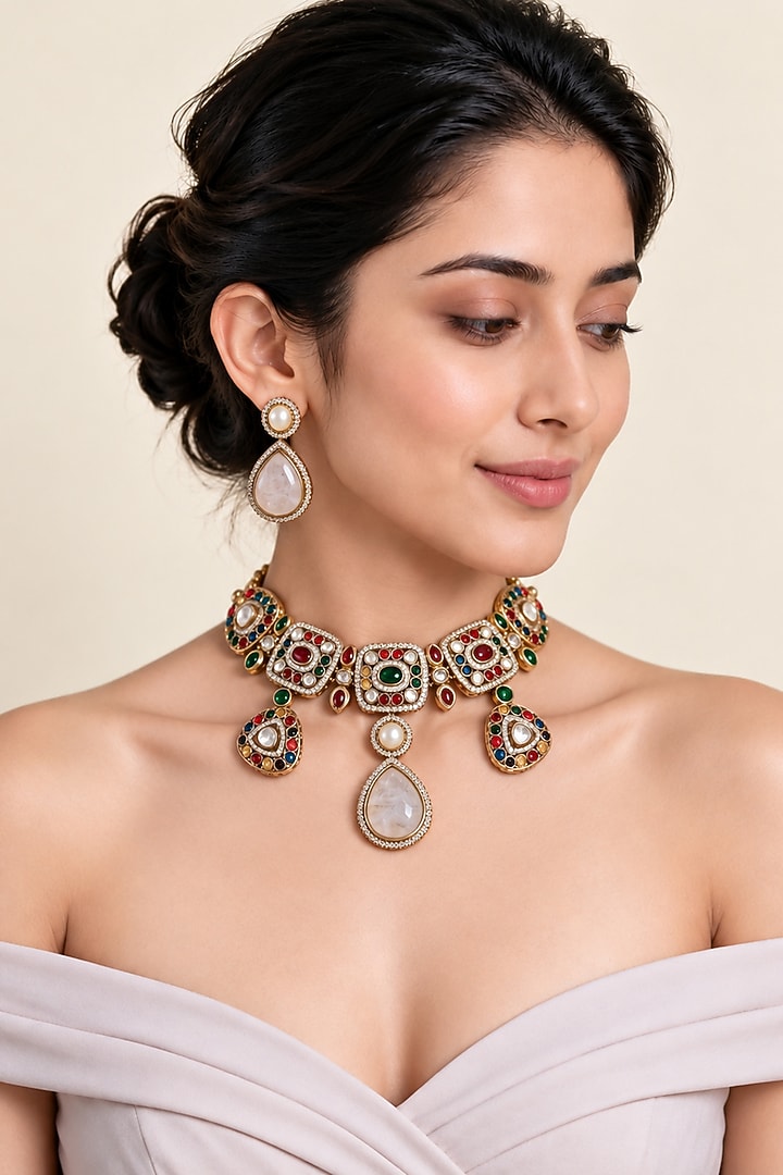 Gold Plated Kundan Polki & Multi-Colored Stone Choker Necklace Set by Vivinia By Vidhi Mehra at Pernia's Pop Up Shop