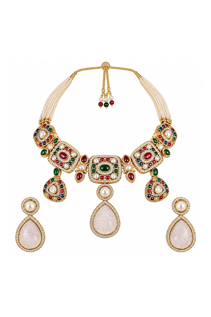 Gold Plated Kundan Polki & Multi-Colored Stone Choker Necklace Set by Vivinia By Vidhi Mehra at Pernia's Pop Up Shop