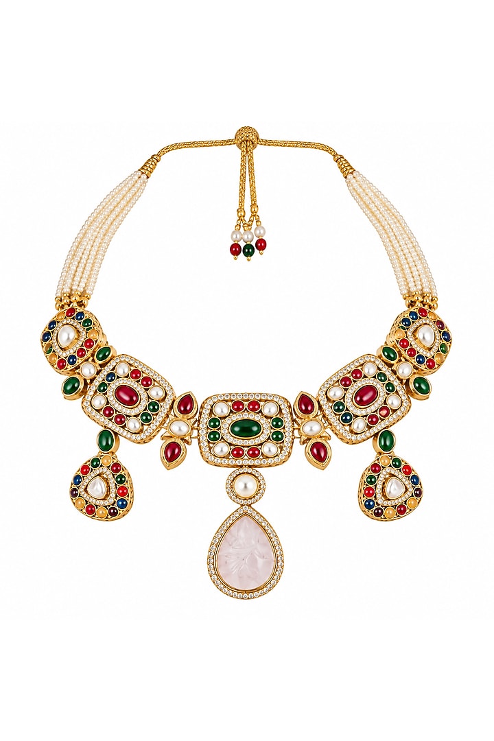 Gold Plated Kundan Polki & Multi-Colored Stone Choker Necklace Set by Vivinia By Vidhi Mehra at Pernia's Pop Up Shop