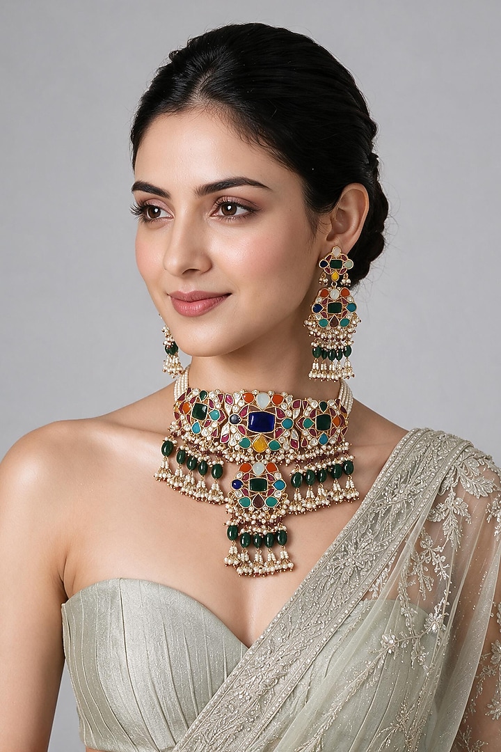Gold Plated Kundan Polki & Multi-Colored Stone Choker Necklace Set by Vivinia By Vidhi Mehra at Pernia's Pop Up Shop