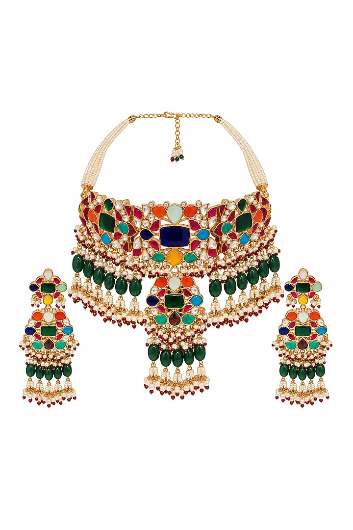 Gold Plated Kundan Polki & Multi-Colored Stone Choker Necklace Set by Vivinia By Vidhi Mehra at Pernia's Pop Up Shop