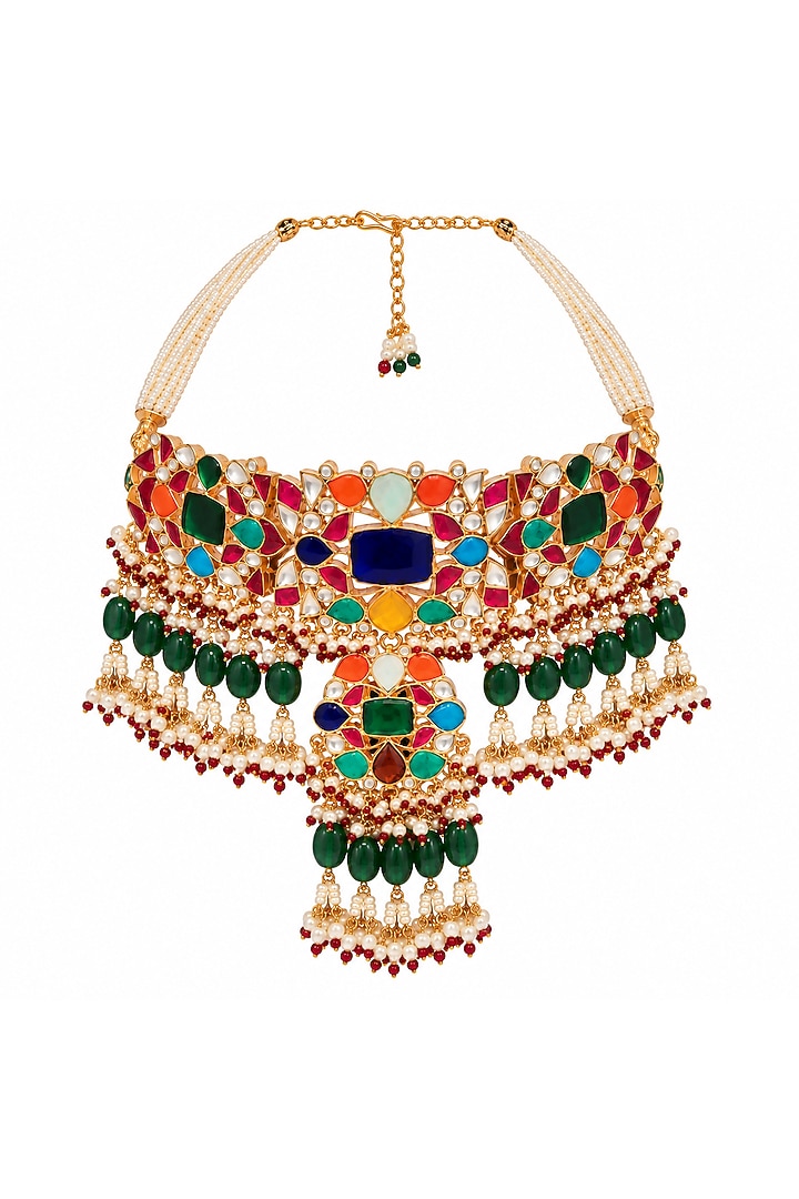Gold Plated Kundan Polki & Multi-Colored Stone Choker Necklace Set by Vivinia By Vidhi Mehra at Pernia's Pop Up Shop
