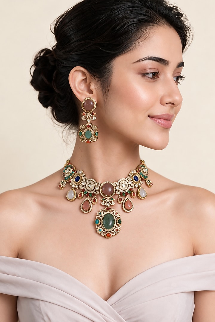 Gold Plated Kundan Polki & Multi-Colored Stone Statement Necklace Set by Vivinia By Vidhi Mehra at Pernia's Pop Up Shop