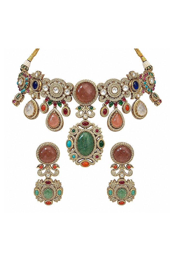 Gold Plated Kundan Polki & Multi-Colored Stone Statement Necklace Set by Vivinia By Vidhi Mehra at Pernia's Pop Up Shop