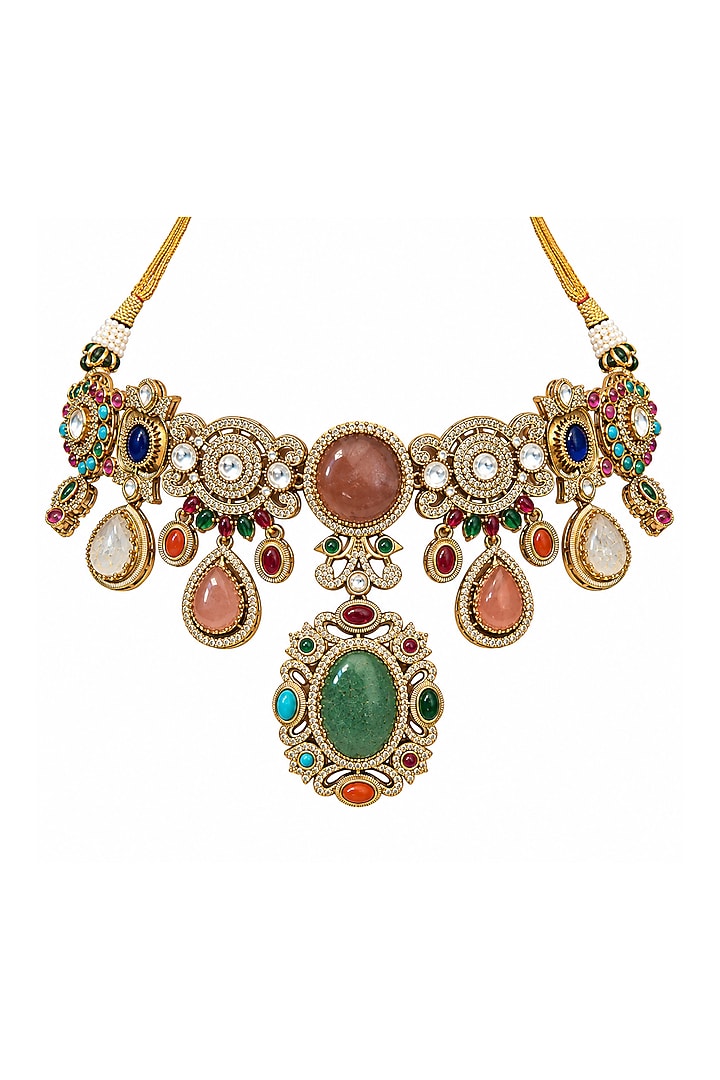 Gold Plated Kundan Polki & Multi-Colored Stone Statement Necklace Set by Vivinia By Vidhi Mehra at Pernia's Pop Up Shop