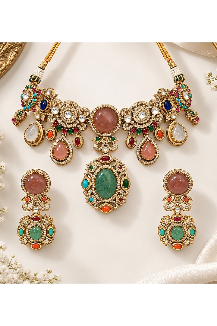 Gold Plated Kundan Polki & Multi-Colored Stone Statement Necklace Set by Vivinia By Vidhi Mehra at Pernia's Pop Up Shop