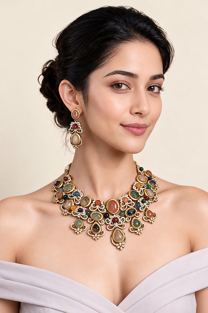 Gold Plated Kundan Polki & Multi-Colored Stone Necklace Set by Vivinia By Vidhi Mehra at Pernia's Pop Up Shop