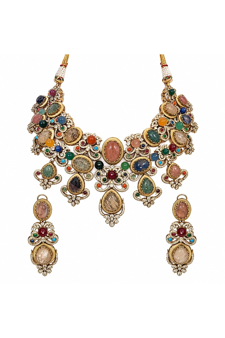 Gold Plated Kundan Polki & Multi-Colored Stone Necklace Set by Vivinia By Vidhi Mehra at Pernia's Pop Up Shop