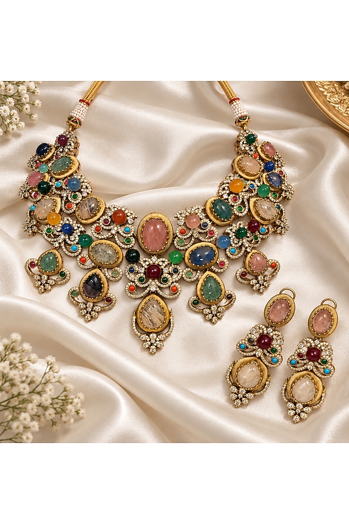 Gold Plated Kundan Polki & Multi-Colored Stone Necklace Set by Vivinia By Vidhi Mehra at Pernia's Pop Up Shop