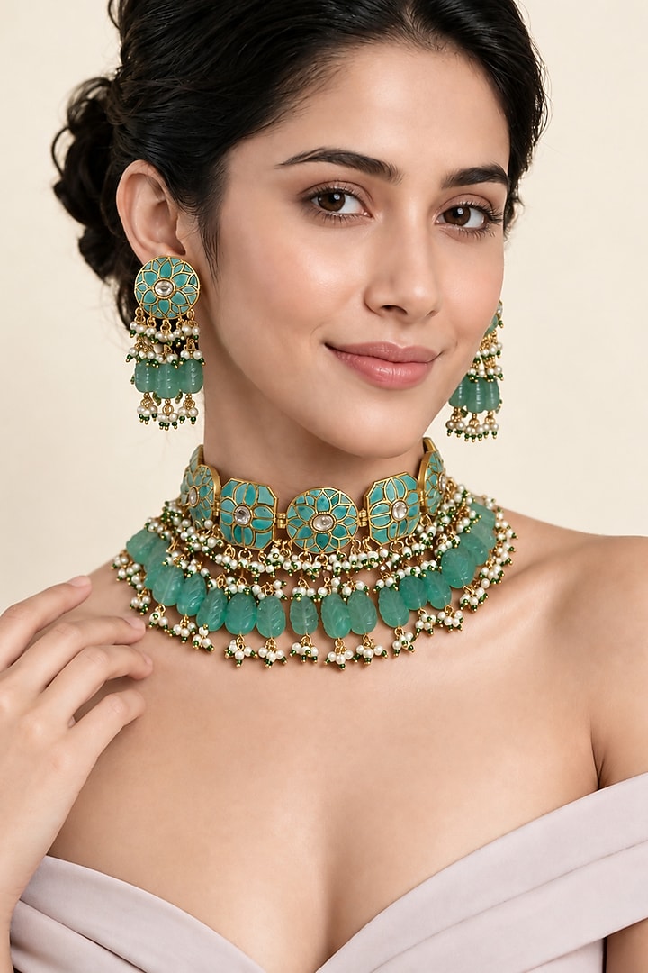 Gold Plated Kundan Polki & Turquoise Beaded Statement Necklace Set by Vivinia By Vidhi Mehra at Pernia's Pop Up Shop