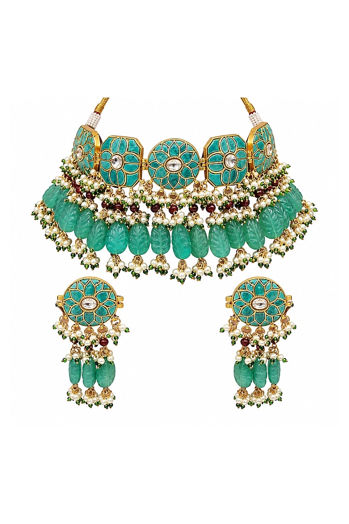 Gold Plated Kundan Polki & Turquoise Beaded Statement Necklace Set by Vivinia By Vidhi Mehra at Pernia's Pop Up Shop