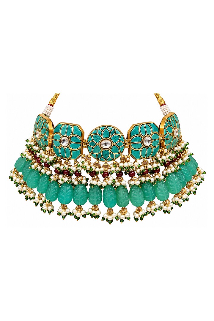 Gold Plated Kundan Polki & Turquoise Beaded Statement Necklace Set by Vivinia By Vidhi Mehra at Pernia's Pop Up Shop