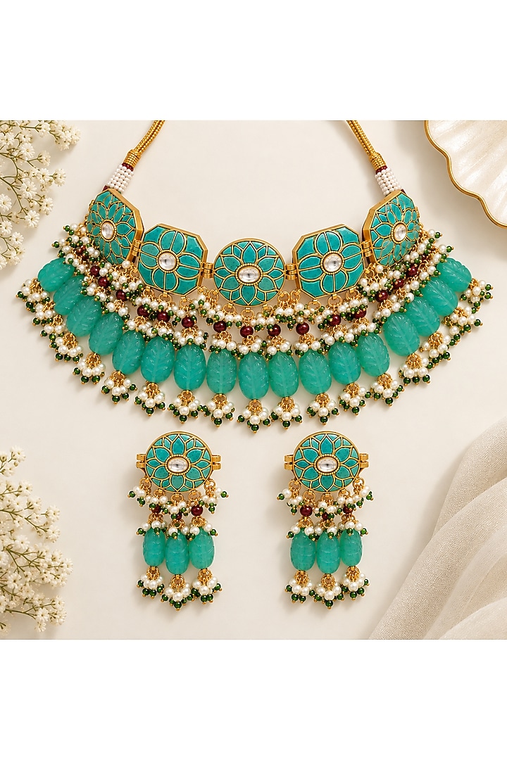 Gold Plated Kundan Polki & Turquoise Beaded Statement Necklace Set by Vivinia By Vidhi Mehra at Pernia's Pop Up Shop