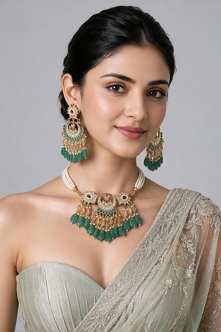 Gold Plated Kundan Polki & Emerald Beaded Necklace Set by Vivinia By Vidhi Mehra at Pernia's Pop Up Shop