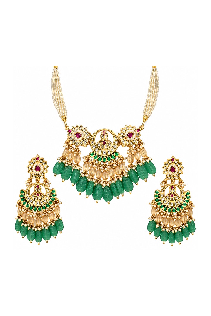Gold Plated Kundan Polki & Emerald Beaded Necklace Set by Vivinia By Vidhi Mehra at Pernia's Pop Up Shop
