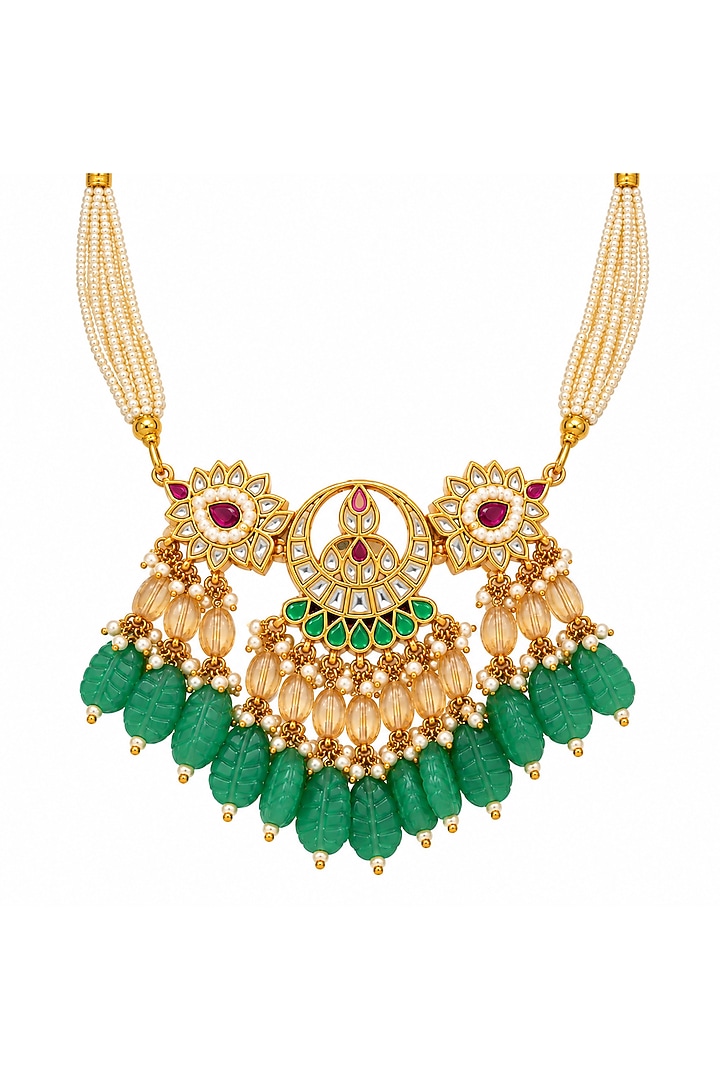 Gold Plated Kundan Polki & Emerald Beaded Necklace Set by Vivinia By Vidhi Mehra at Pernia's Pop Up Shop