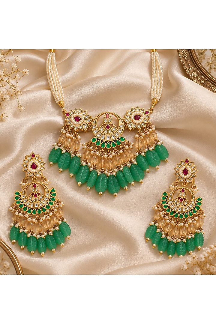 Gold Plated Kundan Polki & Emerald Beaded Necklace Set by Vivinia By Vidhi Mehra at Pernia's Pop Up Shop