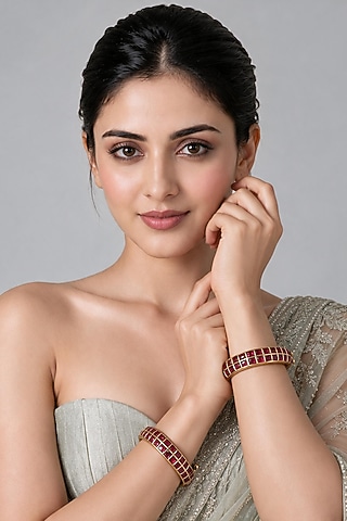 Gold Plated Ruby Stone Statement Bangles (Set Of 2) by vivinia by vidhi mehra