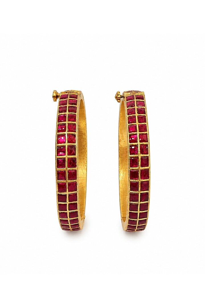 Gold Plated Ruby Stone Statement Bangles (Set Of 2) by Vivinia By Vidhi Mehra at Pernia's Pop Up Shop