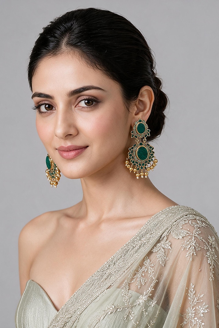 Gold Plated Emerald Stone Statement Earrings by Vivinia By Vidhi Mehra at Pernia's Pop Up Shop
