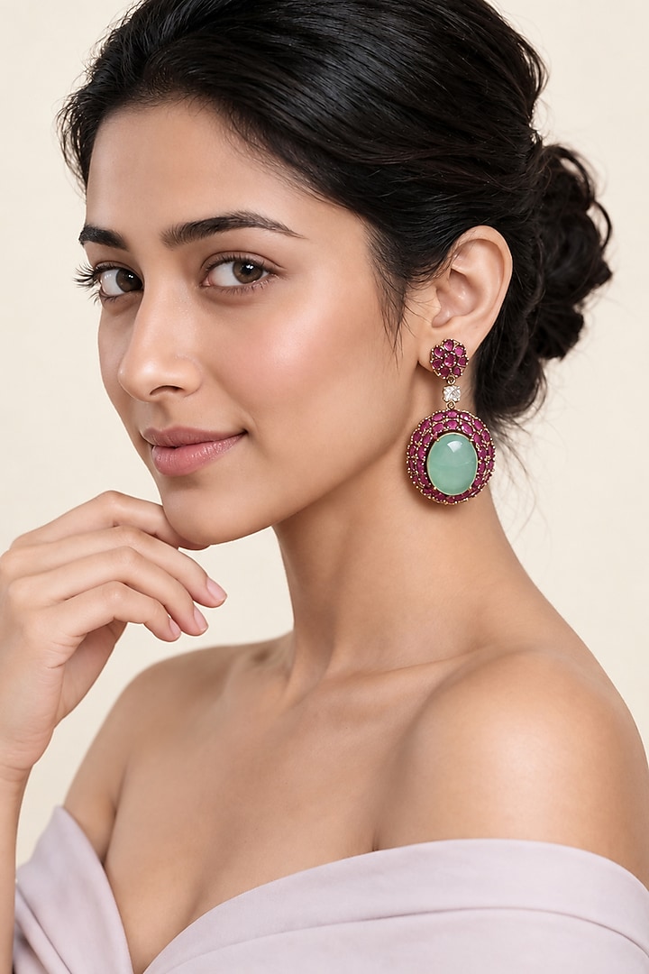 Gold Plated Oval Green & Pink Stone Statement Earrings by Vivinia By Vidhi Mehra at Pernia's Pop Up Shop
