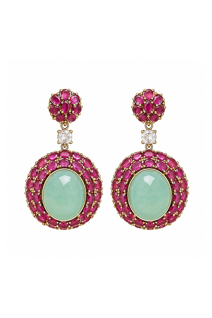 Gold Plated Oval Green & Pink Stone Statement Earrings by Vivinia By Vidhi Mehra at Pernia's Pop Up Shop
