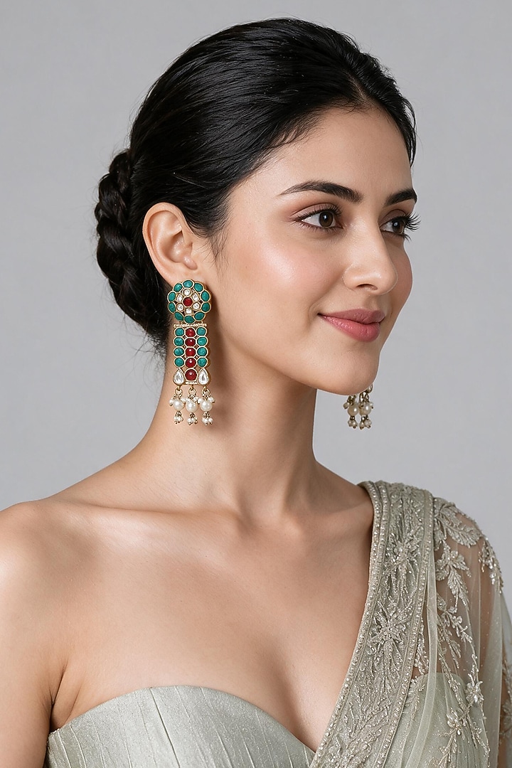 Gold Plated Red & Turquoise Stone Dangler Earrings by Vivinia By Vidhi Mehra at Pernia's Pop Up Shop