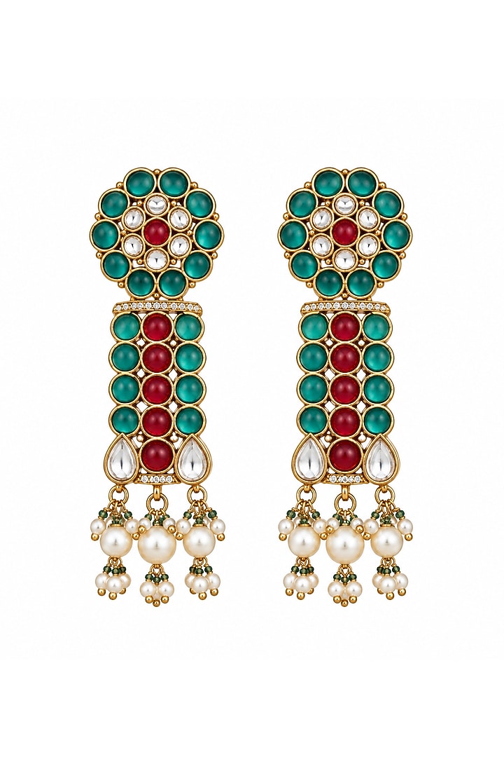 Gold Plated Red & Turquoise Stone Dangler Earrings by Vivinia By Vidhi Mehra at Pernia's Pop Up Shop