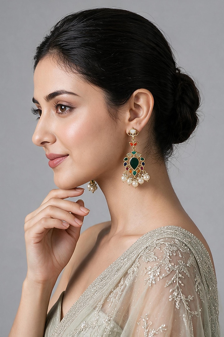 Gold Plated Multi-Colored Stone Statement Earrings by Vivinia By Vidhi Mehra at Pernia's Pop Up Shop