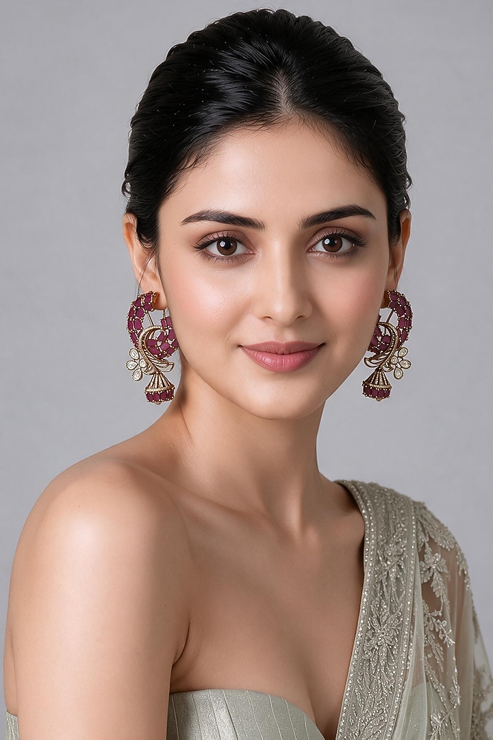 Gold Plated Pink Stone Dangler Earrings by Vivinia By Vidhi Mehra at Pernia's Pop Up Shop