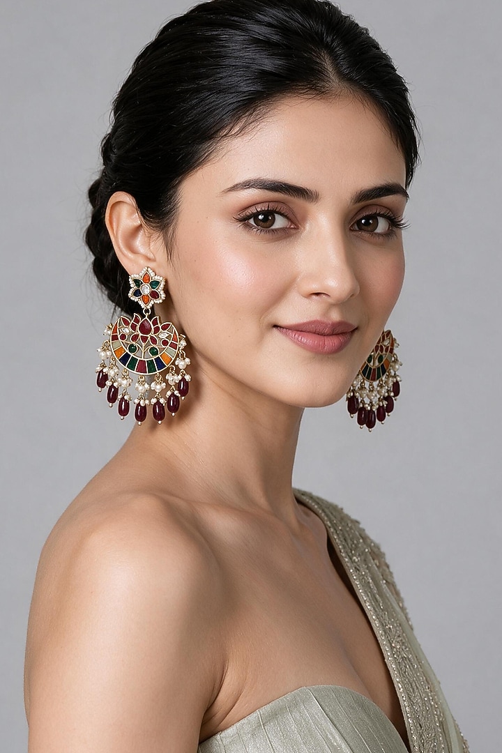 Gold Plated Multi-Colored Stone Chandbali Earrings by Vivinia By Vidhi Mehra at Pernia's Pop Up Shop