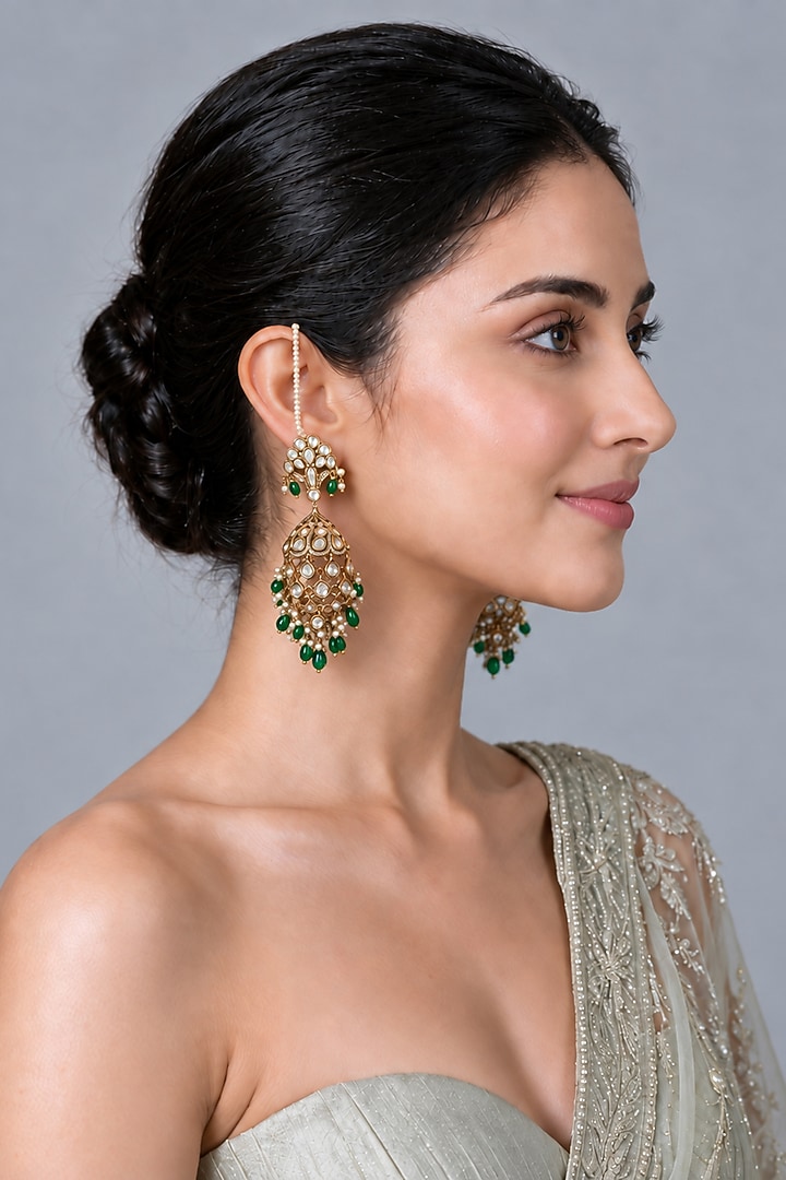 Gold Plated Kundan Polki & Green Stone Dangler Earrings by Vivinia By Vidhi Mehra at Pernia's Pop Up Shop