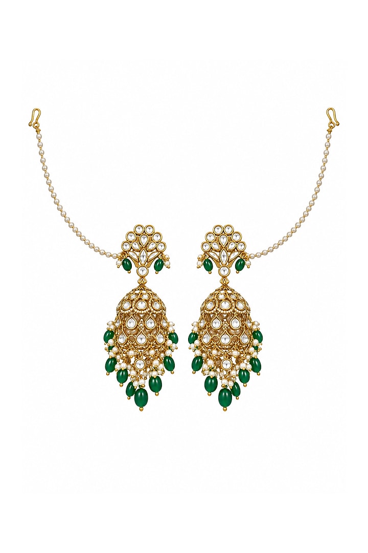 Gold Plated Kundan Polki & Green Stone Dangler Earrings by Vivinia By Vidhi Mehra at Pernia's Pop Up Shop